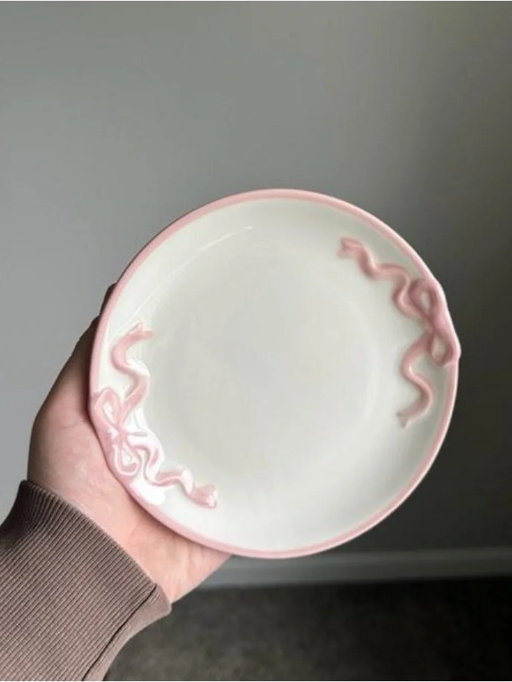 Room Essentials White Ceramic Plate with Pink Ribbon Accents / Coquette tray